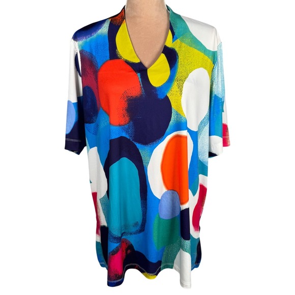 Ali Miles Tops - Ali Miles V-Neck Top Womens XL Multicolor Abstract Dot Short Sleeve Stretch Knit